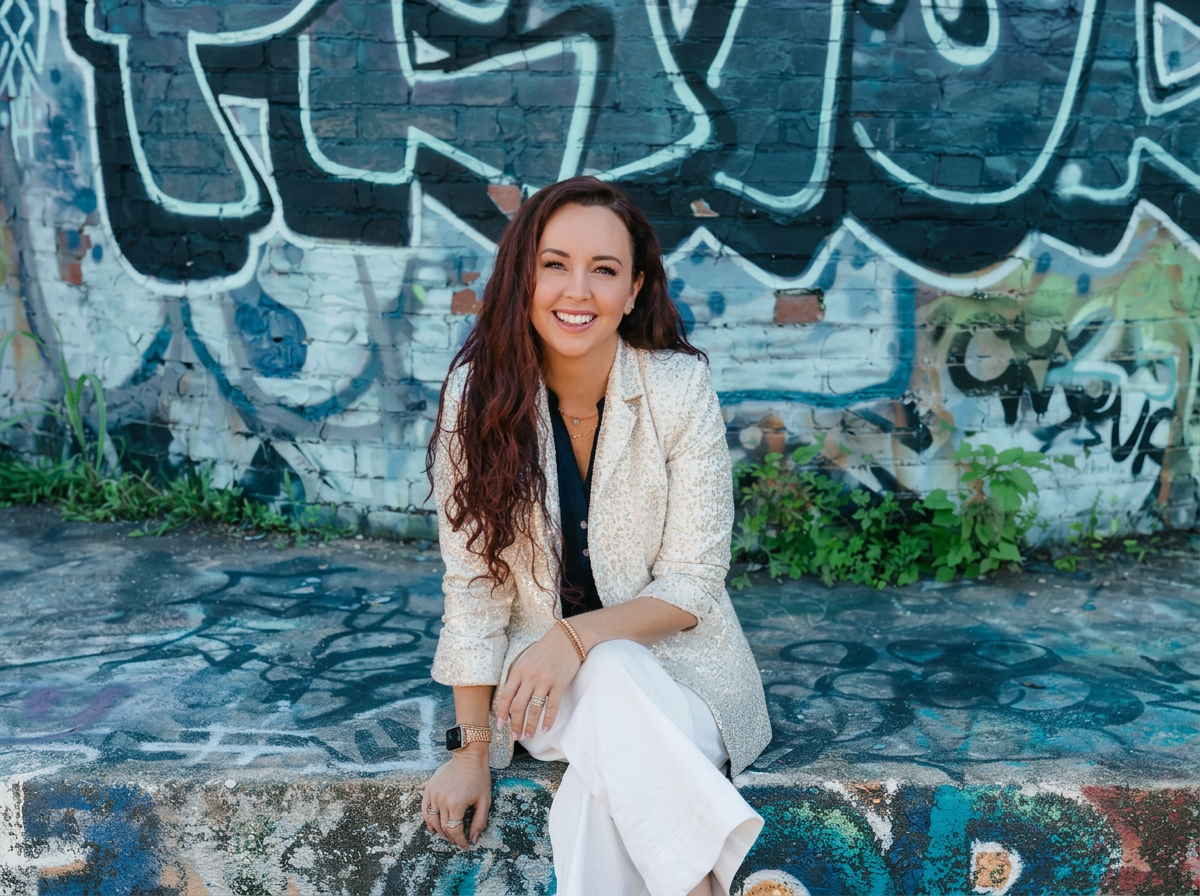 Jeni Bukolt, keynote speaker and CEO of HAVEN Creative, seated in front of a graffiti wall